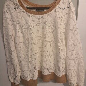 ASHRO White & Gold Sheer Lace Long Sleeve Top (Plus Size 2X)